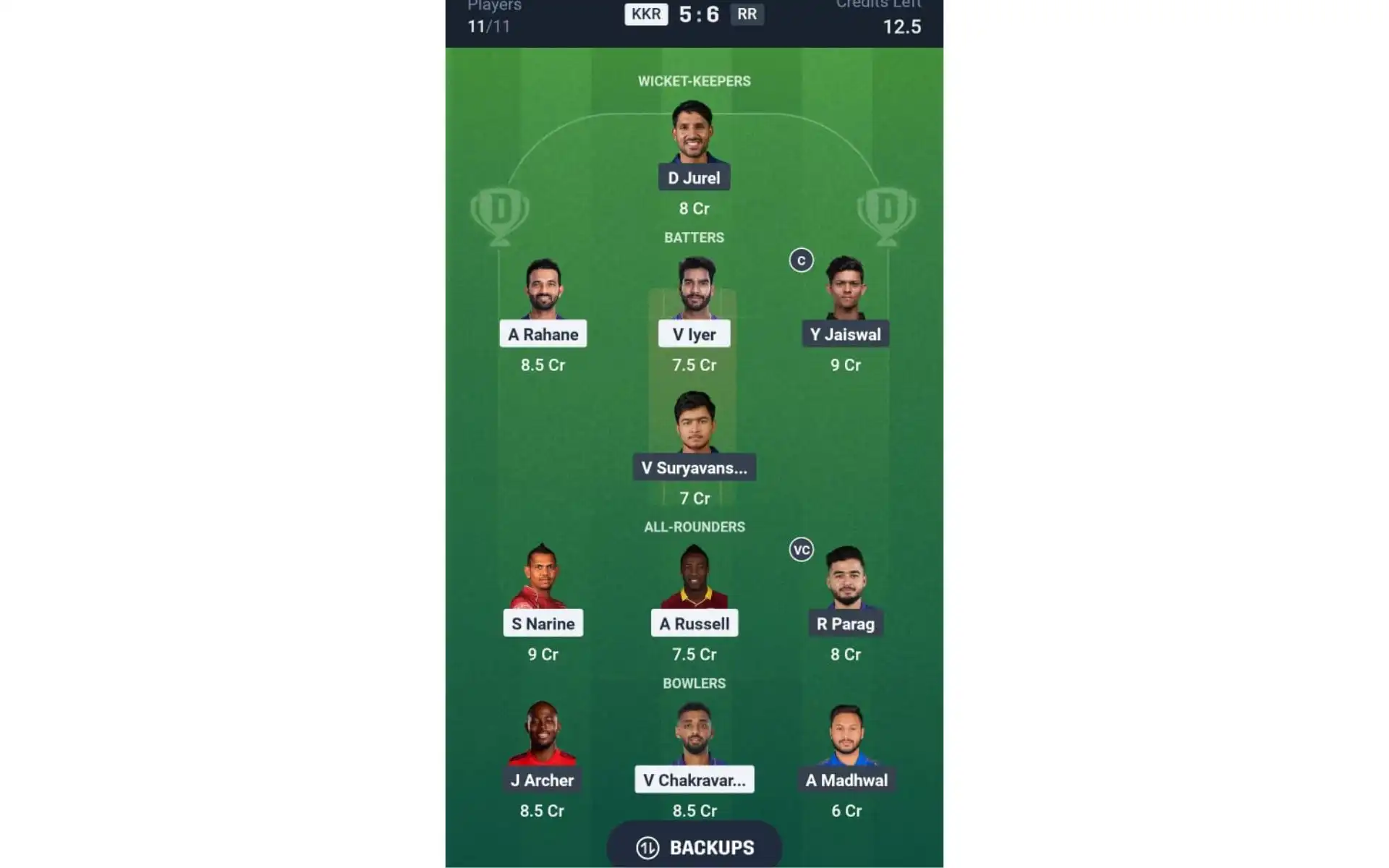 KKR vs RR, Dream11 Team 1 [Source: @Dream11 App]