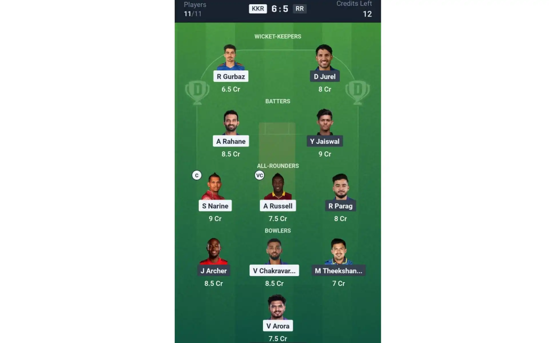 KKR vs RR, Dream11 Team 2 [Source: @Dream11 App]