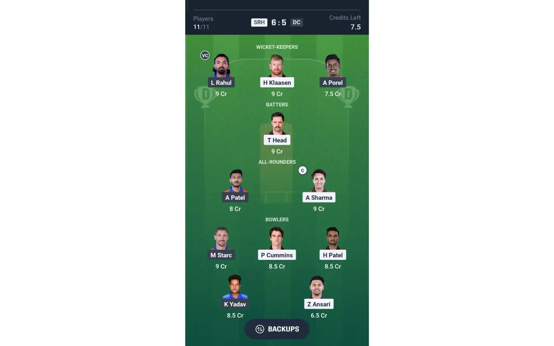 SRH vs DC, Dream11 Team 1 [Source: @Dream11 App]