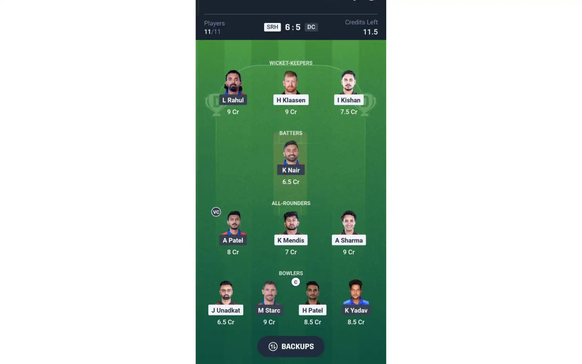 SRH vs DC, Dream11 Team 2 [Source: @Dream11 App]