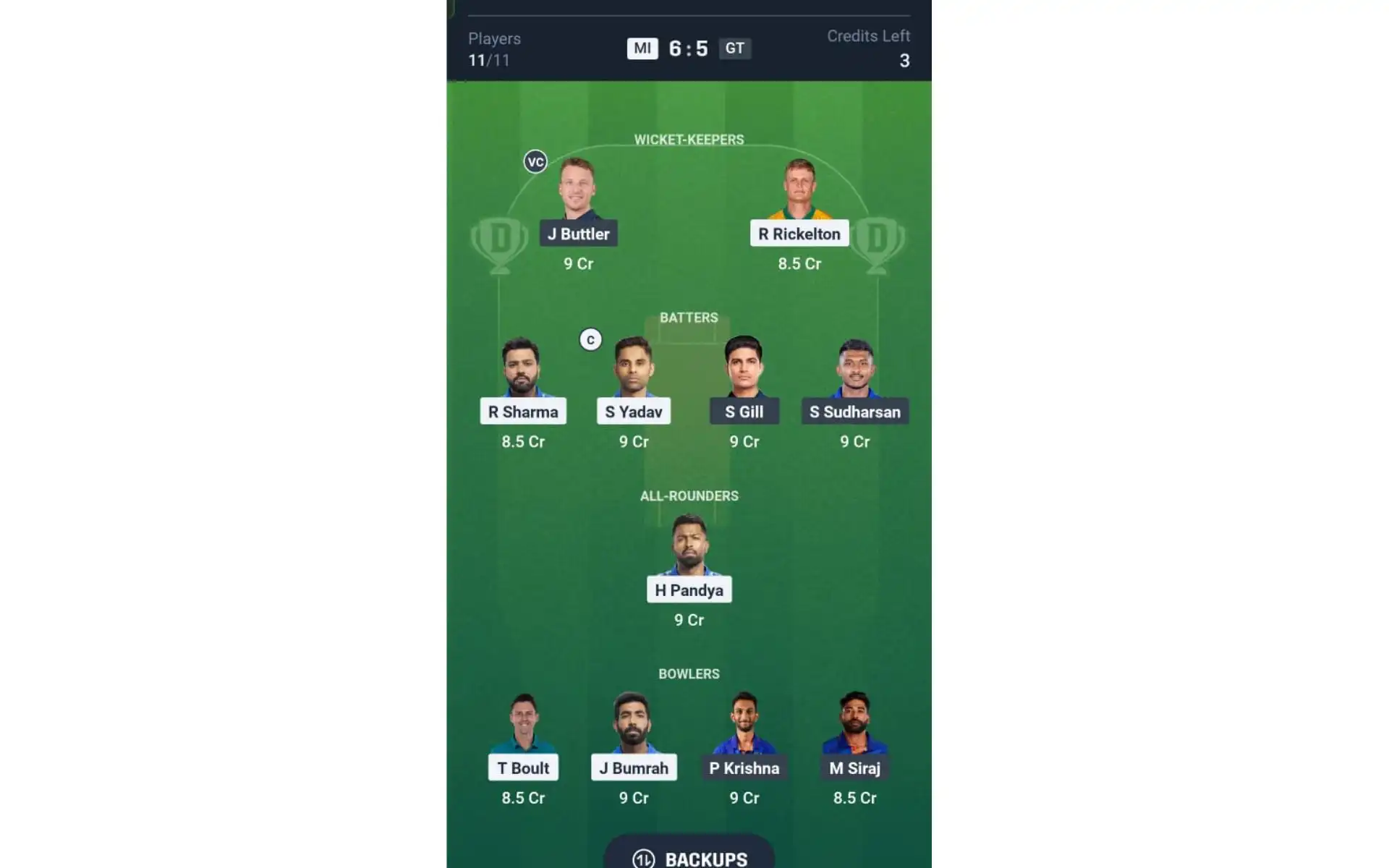 MI vs GT, Dream11 Team 1 [Source: @Dream11 App]
