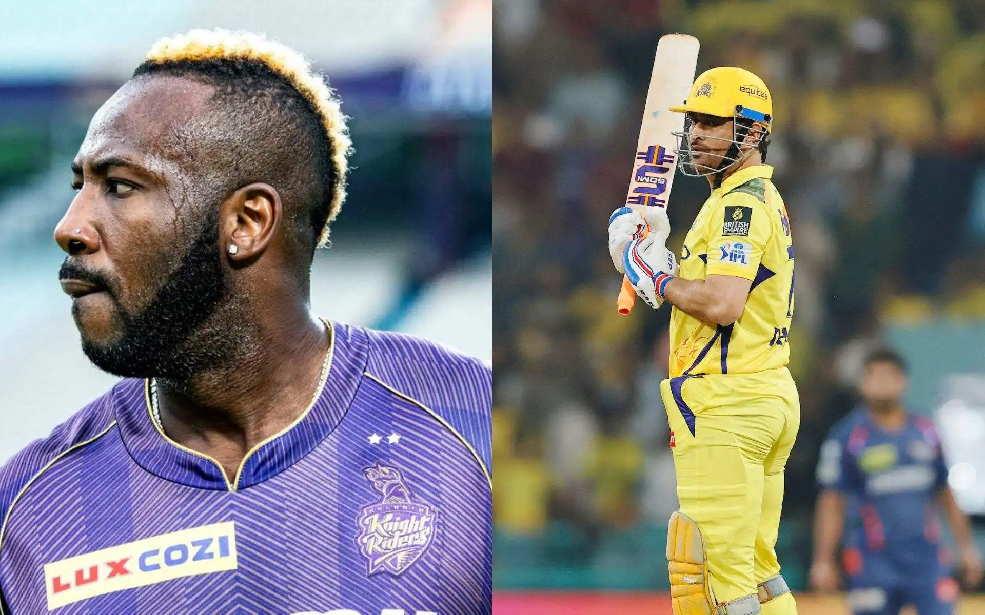 आंद्रे रसेल और एमएस धोनी (स्रोत: @IPL/X.com)
