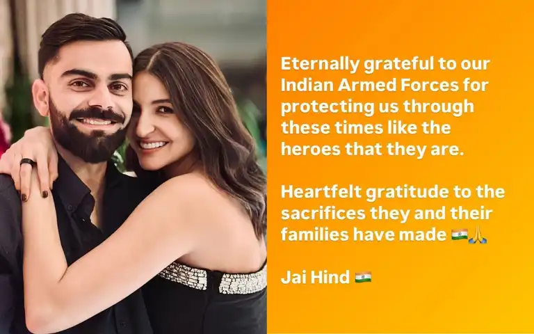Virat Kohli And Anushka Sharma Laud Indian Army’s Efforts Amid Indo-Pak Tensions Virat Kohli And Anushka Sharma Laud Indian Army’s Efforts Amid Indo-Pak Tensions