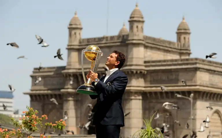 Sachin Tendulkar With The Cricket World Cup (Source: @ICC/x.com)