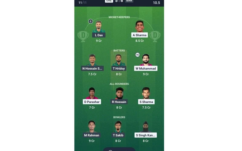 UAE vs BAN 1st T20I: Dream11 Team 2 (Source: Dream11 App)