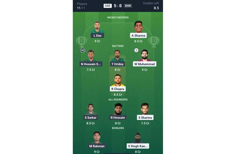 UAE vs BAN 1st T20I: Dream11 Team 1 (Source: Dream11 App)
