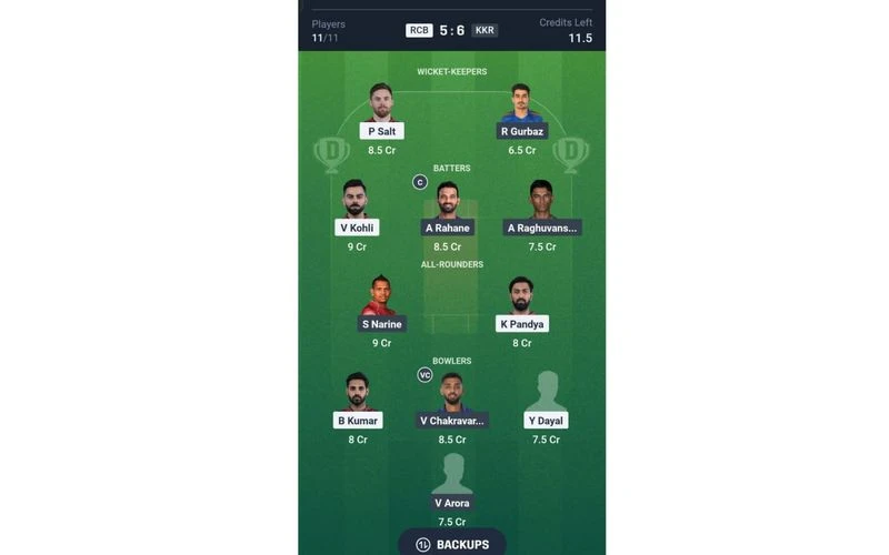 RCB vs KKR, IPL 2025: Dream11 Team 1 [Source: @Dream11 App]