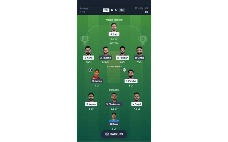 RCB vs KKR: Dream11 Team 2 [Source: @Dream11 App]