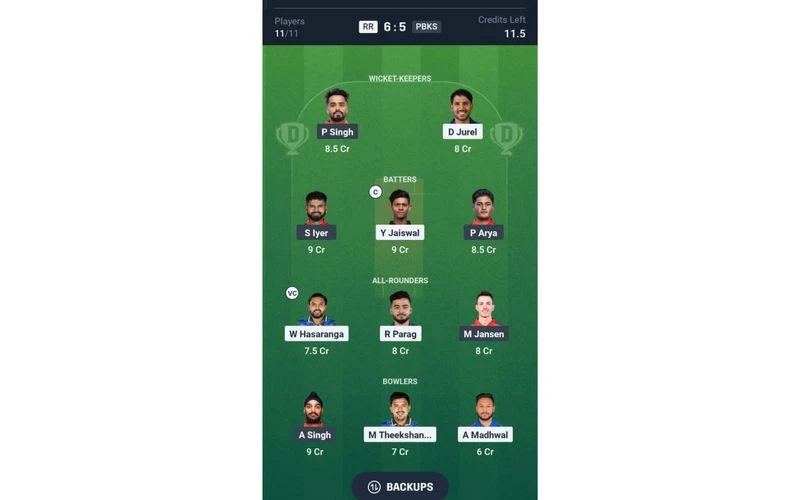 RR vs PBKS, IPL 2025: Dream11 Team 1 [Source: @Dream11 App]
