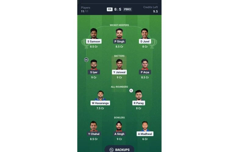 RR vs PBKS, IPL 2025: Dream11 Team 2 [Source: @Dream11 App]
