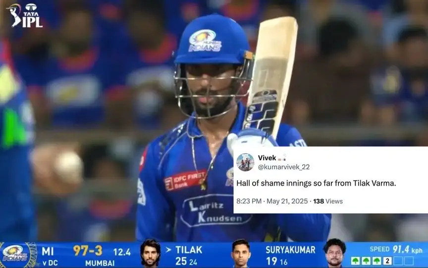 "Hall Of Shame Innings, Liability" Tilak Varma Torn Apart By Fans After Slow Knock Vs DC "Hall Of Shame Innings, Liability" Tilak Varma Torn Apart By Fans After Slow Knock Vs DC