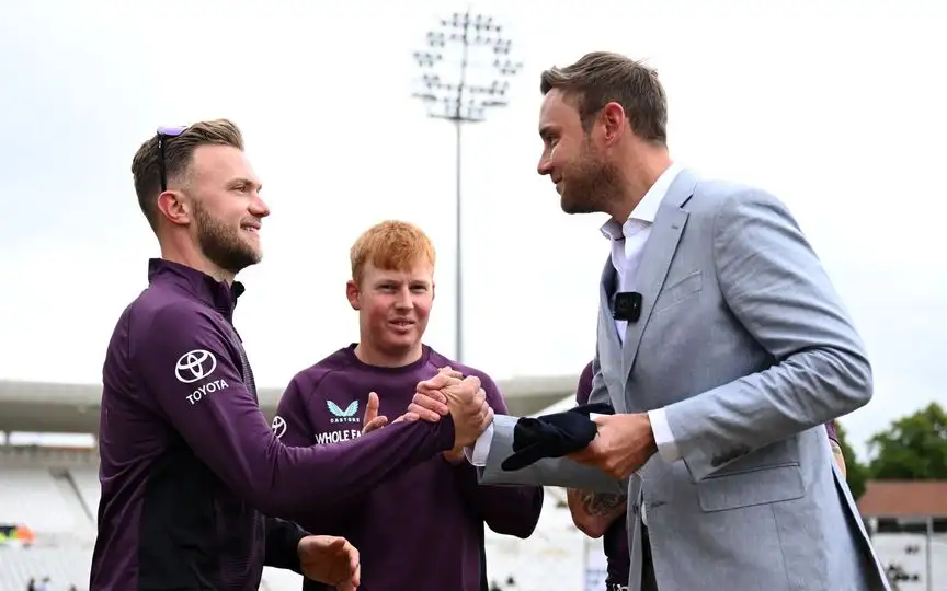 Sam Cook Receives His Test Cap From Stuart Broad (Source: @englandcricket/x.com)