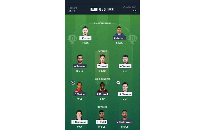 SRH vs KKR Match 68: Dream11 Team 1 (Source: @Dream11App)