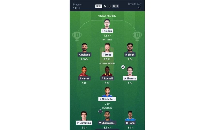 SRH vs KKR Match 68: Dream11 Team 1 (Source: @Dream11App)