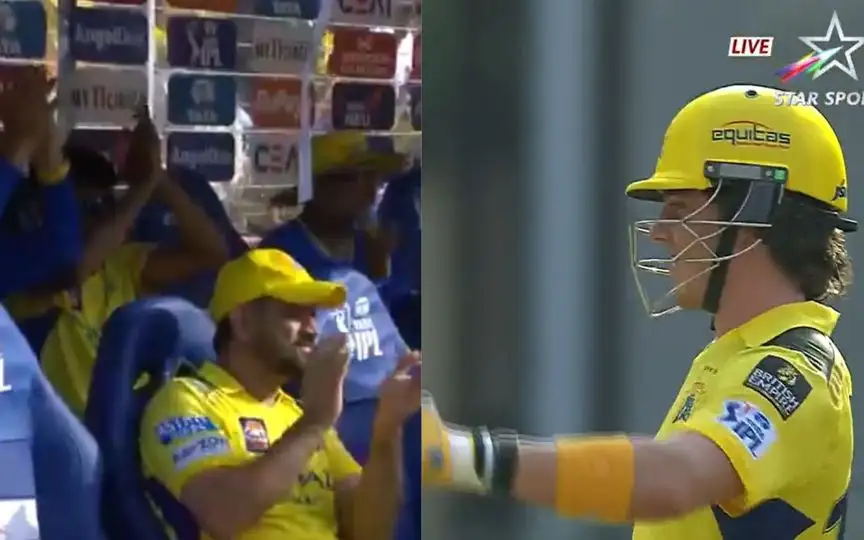 MS Dhoni celebrates Dewald Brevis' fifty [Source: @ImTanujSingh/X.com]