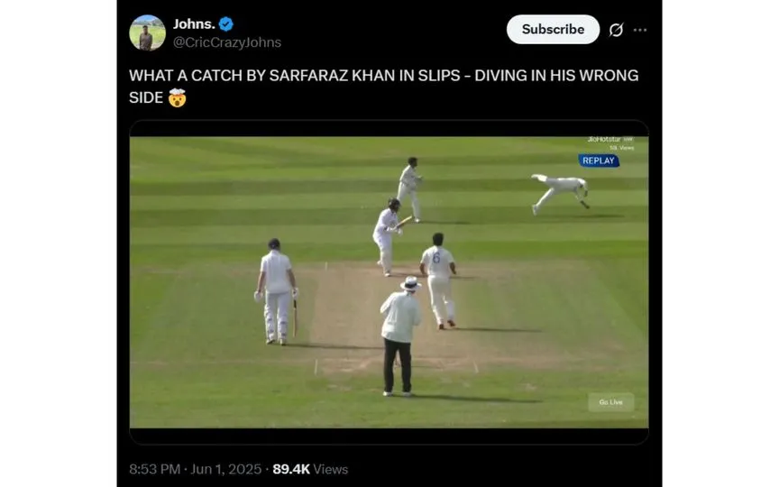 Sarfaraz Khan grabs a stunning catch to his left [Source: @CricCrazyJohns/X]