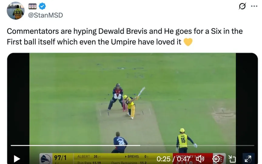 Dewald Brevis' six in T20 Blast 2025 (Source:@StanMSD/X.com)