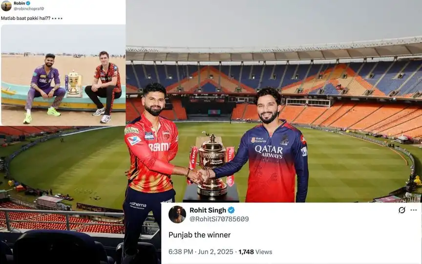 PBKS and RCB captains pose with IPL trophy [Source: @mufaddal_vohra, @robinchopra10, @RohitSi70785609/X.com]