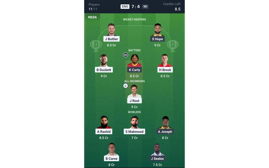 ENG vs WI 3rd ODI: Dream11 Team 2 (Source: Dream11 App)