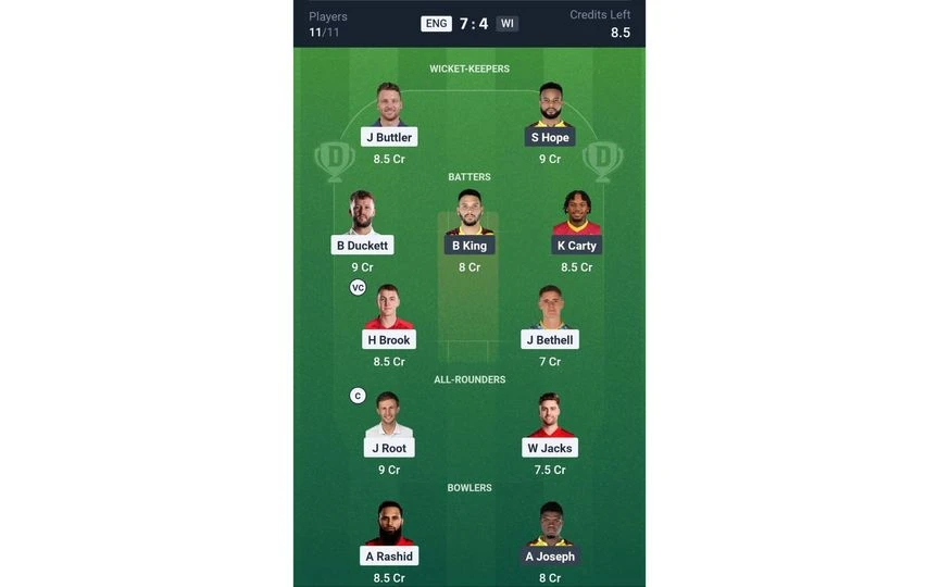 ENG vs WI 3rd ODI: Dream11 Team 1 (Source: Dream11 App)
