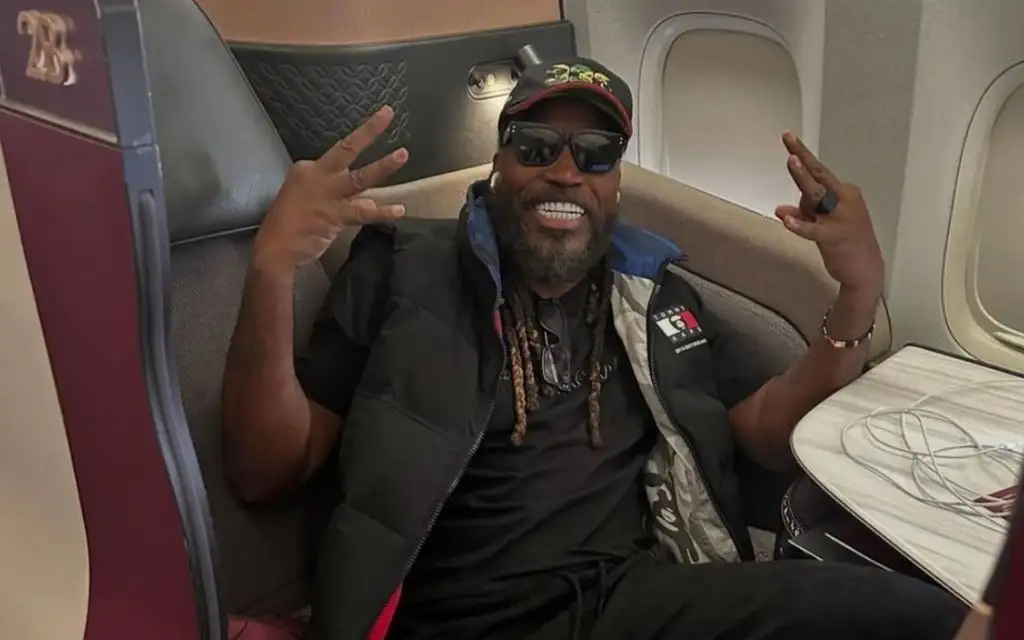 Chris Gayle Arrives in India- (Source : @Johns/X.com)