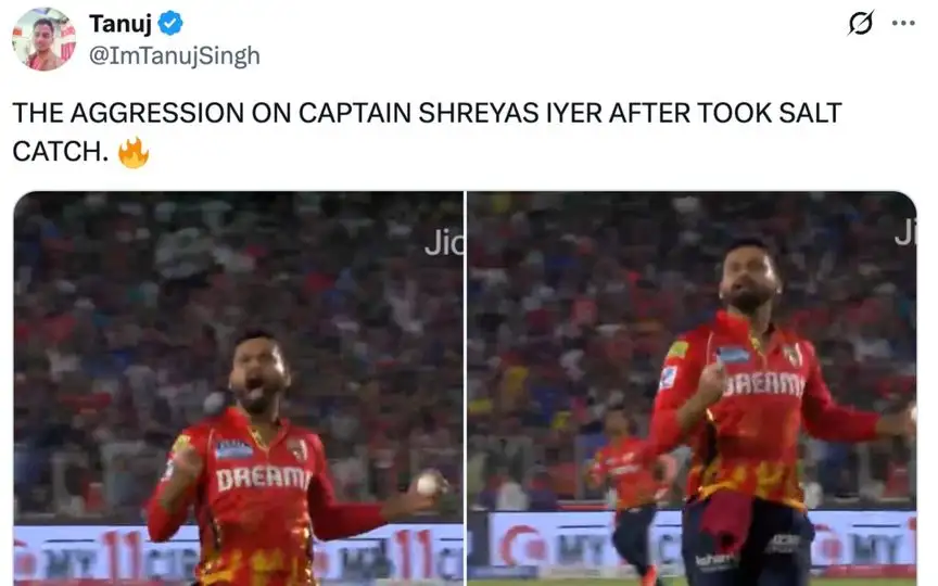 Shreyas Iyer after wicket of Phil Salt (Source:@ImTanujSingh/X.com)