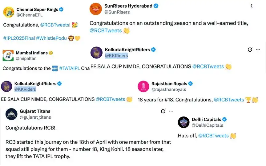 IPL teams congratulate RCB for winning IPL 2025
