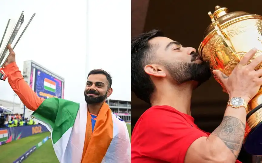 Virat Kohli With T20 World Cup 2024 and the IPL 2025 Trophy [Source: @MadridistaHJB7/x.com, AP Photos)