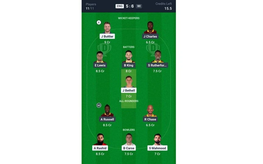 ENG vs WI 1st T20I: Dream11 Team 2 [Source: @Dream11 App]