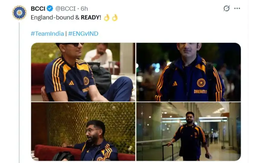 भारतीय टीम इंग्लैंड के लिए रवाना [स्रोत: @BCCI/X]