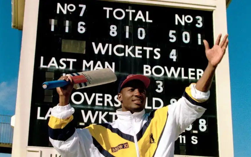 Brian Lara posing after scoring 501* in Birmingham, 1994. [Source - WarwickshireCCC/x.com]
