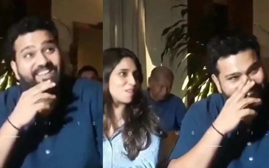 Rohit Sharma blushes beside wife Ritika [Source: @rushiii_12/X]