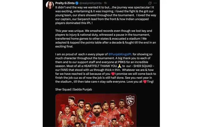 Preity Zinta's Post For PBKS IPL 2025 Journey [Source: @realpreityzinta/x.com]