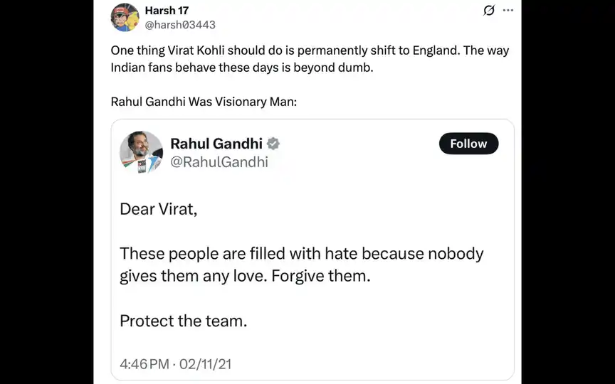Rahul Gandhi's old tweet for Virat Kohli (Source: @harsh03443)