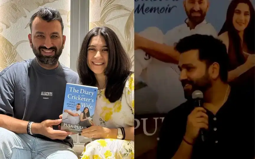 Cheteshwar Pujara and his wife alongside Rohit Sharma (Source: @cheteshwar1/X.com)