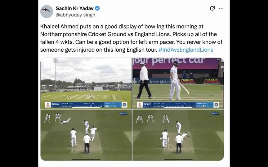 Khaleel Ahmed delivers for India A vs England Lions (Source:@abhyoday_singh)