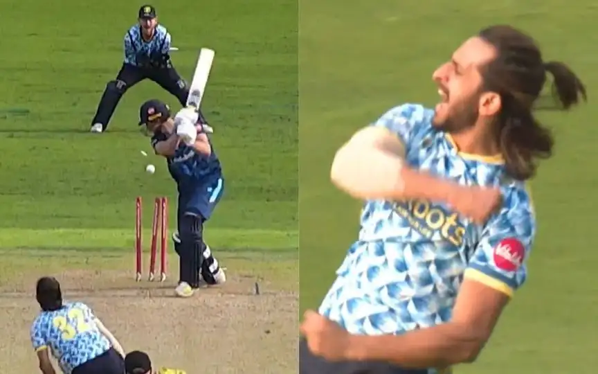 Hasan Ali celebrates after match-winning hat-trick [Source: @VitalityBlast/X.com]