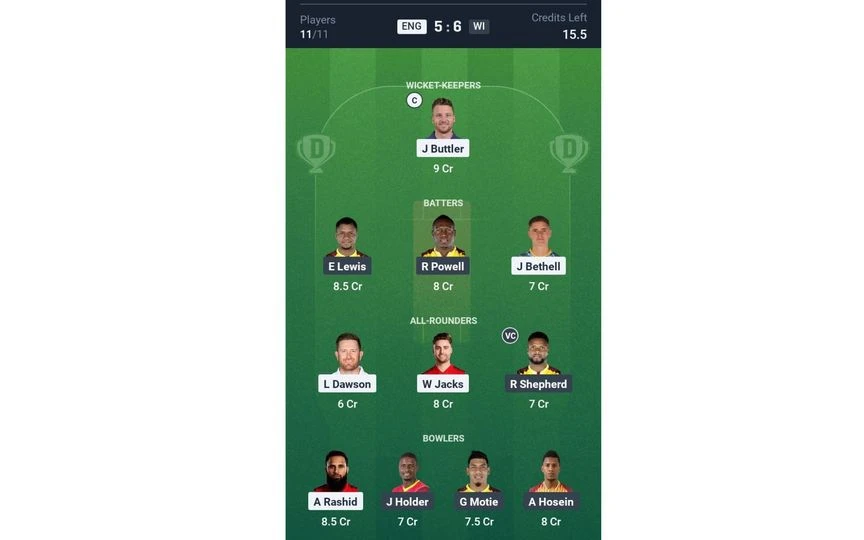 ENG vs WI 3rd T20I: Dream11 Team 1 (Source: @Dream11 App)