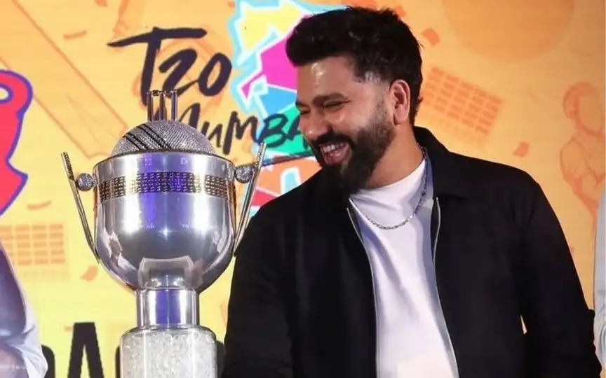 Rohit Sharma with the Mumbai T20 League 2025 trophy [source: @CricketFeedIN/X]