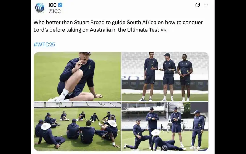 दक्षिण अफ़्रीकी क्रिकेट टीम के साथ स्टुअर्ट ब्रॉड (Source: @ICC/X.com)