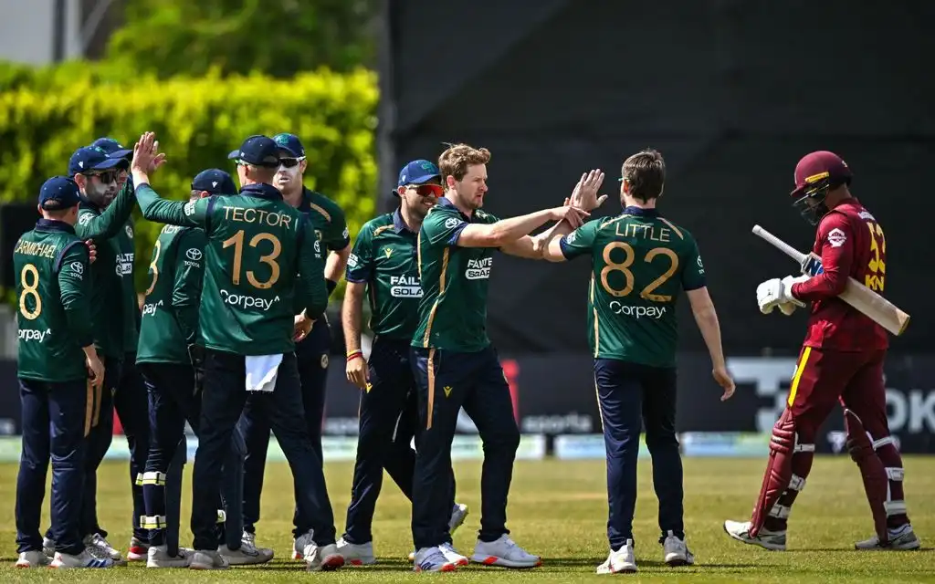 Ireland players celebrating a WI wicket in ODIs [Source: @cricketireland/x]