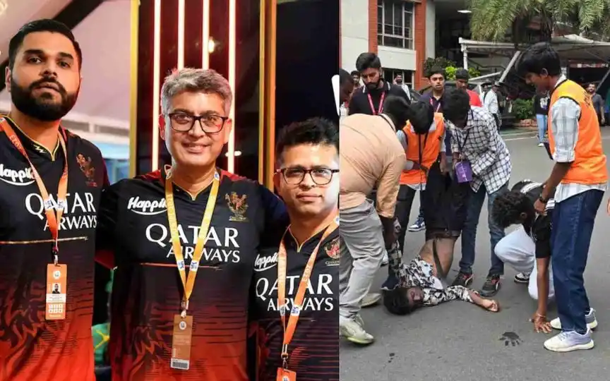 Nikhil Sosale with RCB members (Source:@WorshipDhoni/X.com)