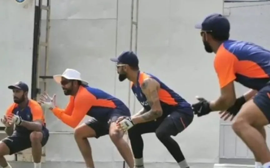 Rohit, Kohli, Pujara, Rahane practising slip catches [Source: @ImTanujSingh/x.com]