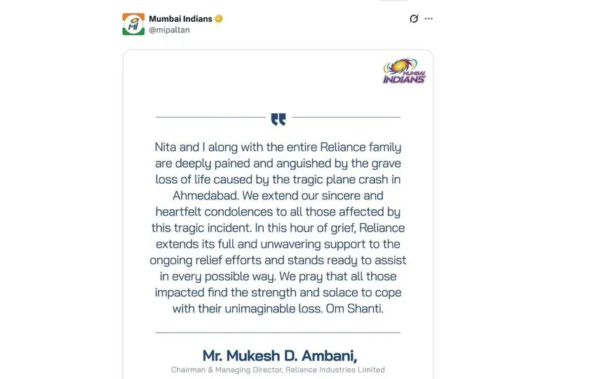 MI owner Mukesh Ambani's statement [Source: @mipaltan/X.com]