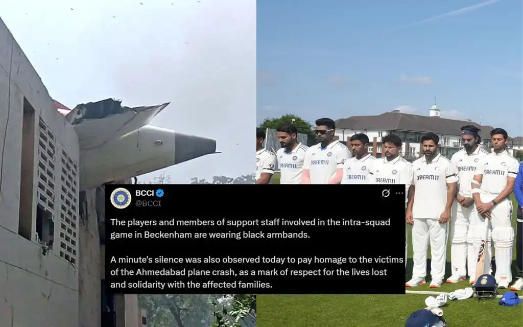 Plane wreckage in Ahmedabad and Indian players [Source: @mshahi0024, @BCCI/x]