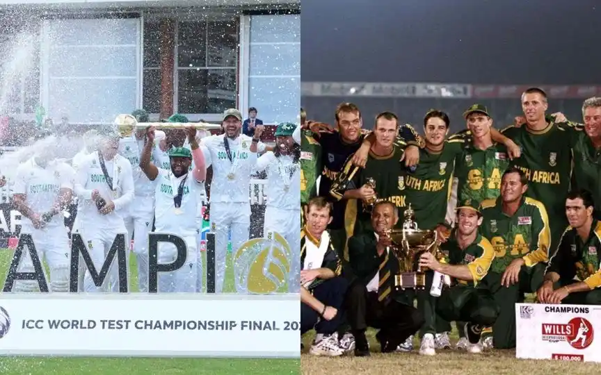 Souh African team with WTC 2023-25 Test Mace And ICC Knock Out 1998 Trophy [Source: AP Photos | @ICC/x.com]