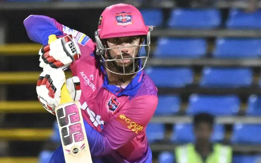 Tushar Raheja in action during the TNPL 2025 [Source: @peri_periasamy/x.com]
