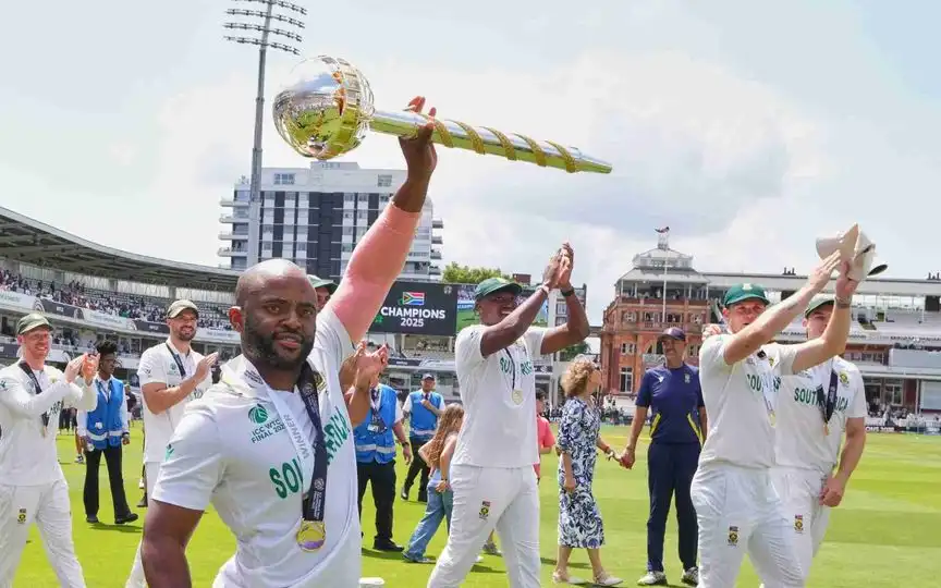 South African players with the WTC 2025 mace [Source: AP Photo]