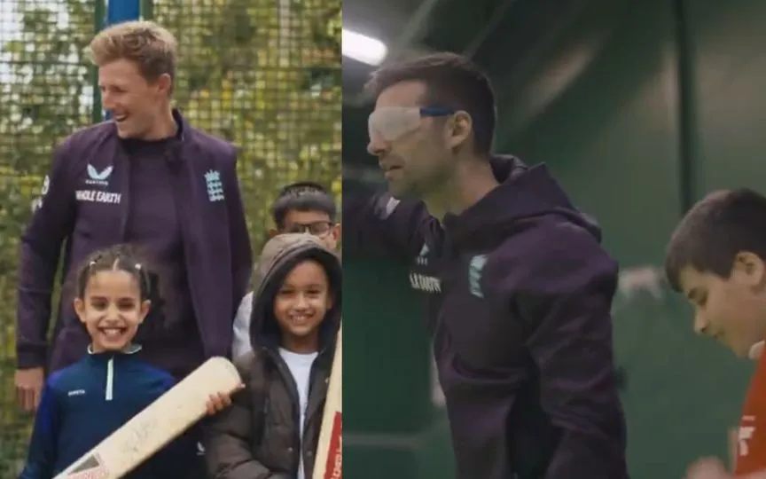 Joe Root and Mark Wood playing with the children [Source: @englandcricket/X]