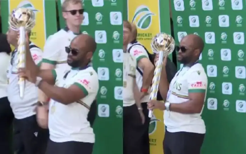 Temba Bavuma with the WTC mace [Source: @SuperSportTV/x.com]